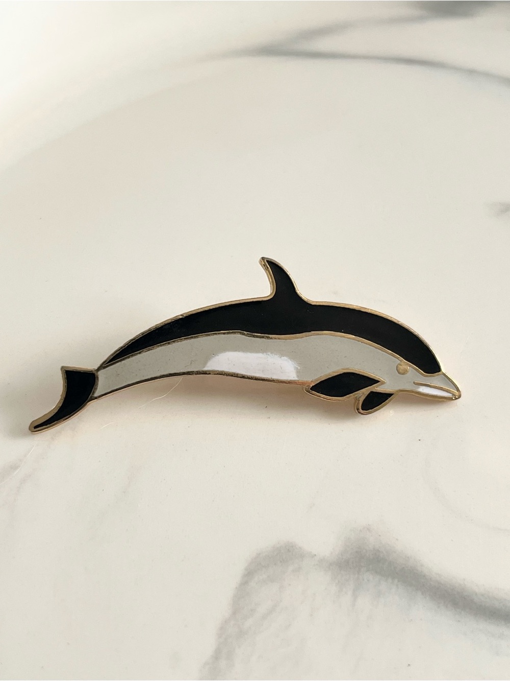 Vintage SITI Dolphin Brooch Black White Enamel Gold Tone Ocean Jewelry